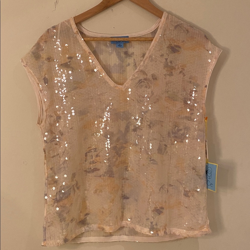 NWT Cece sequin sleeveless v-neck watercolor floral top Sz M